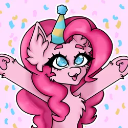 Size: 2048x2048 | Tagged: safe, artist:kittygutzzart, derpibooru import, pinkie pie, earth pony, pony, chest fluff, confetti, cute, diapinkes, female, hat, image, mare, open mouth, open smile, outstretched arms, party hat, pink background, png, simple background, smiling, solo, underhoof