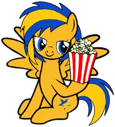 Size: 564x623 | Tagged: safe, artist:noikincade67, derpibooru import, oc, oc:flare spark, unofficial characters only, pegasus, pony, bucket, female, food, image, png, popcorn, simple background, sitting, solo, transparent background