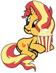 Size: 482x622 | Tagged: safe, artist:noikincade67, derpibooru import, sunset shimmer, pony, unicorn, bucket, eating, female, food, image, png, popcorn, simple background, solo, transparent background