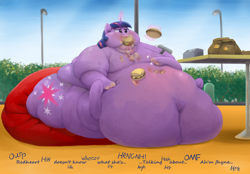 Size: 3239x2257 | Tagged: questionable, semi-grimdark, artist:lupin quill, derpibooru import, twilight sparkle, twilight sparkle (alicorn), alicorn, pony, series:laissez-faire (weight gain), beanbag chair, belly, belly button, belly grab, big belly, bingo wings, blushing, burger, burp, butt, cellulite, chubby cheeks, eating, fast food, fat, fat fetish, feedee, female, fetish, flabby chest, food, frog (hoof), hay burger, heart monitor, huge belly, huge butt, image, implied nurse redheart, impossibly large belly, impossibly large butt, large butt, life support, lineless, magic, messy eating, messy hair, morbidly obese, multichin, neck roll, obese, onomatopoeia, oxygen tank, panting, plot, png, restaurant, rolls of fat, sitting, slob, solo, solo female, stretched cutie mark, stuffed, stuffing, sweat, sweatdrop, table, telekinesis, that pony sure does love burgers, this will end in pain, this will end in pain and/or death, this will end in weight gain, twilard sparkle, twilight burgkle, underhoof