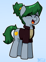 Size: 956x1286 | Tagged: safe, artist:yamston, derpibooru import, oc, oc:odia bleak, unofficial characters only, earth pony, pony, fanfic:living the dream, 2023, animated, clothes, eye twitch, eyes closed, fanfic art, female, gif, gray coat, green mane, image, jacket, magical lesbian spawn, mare, offspring, parent:oc:babel yarn, parent:oc:roxxy bleak, ponytail, signature, simple background, smiling, solo