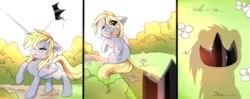 Size: 2863x1138 | Tagged: safe, artist:kidaoriginal, derpibooru import, derpy hooves, pegasus, pony, comic:derpy - the creator of dreams, comic, crown, crying, flower, grass, hitting, image, jewelry, png, regalia, shadow, sitting, smack, solo, tears of pain, teary eyes
