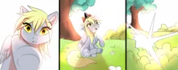 Size: 2863x1138 | Tagged: safe, artist:kidaoriginal, derpibooru import, derpy hooves, pegasus, pony, comic:derpy - the creator of dreams, comic, crown, flower, grass, happy, image, jewelry, looking at something, looking down, magic, open mouth, open smile, png, reaching, regalia, sitting, smiling, solo, teleportation, tree, underhoof, vibe check