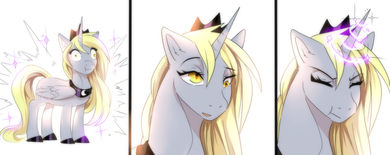 Size: 2863x1138 | Tagged: safe, artist:kidaoriginal, derpibooru import, derpy hooves, alicorn, pony, comic:derpy - the creator of dreams, alicornified, close-up, clothes, comic, crown, derpicorn, eyes closed, glow, glowing horn, hoof shoes, horn, image, jewelry, lidded eyes, magic, necklace, png, race swap, regalia, shoes, solo, teleportation, this will not end well
