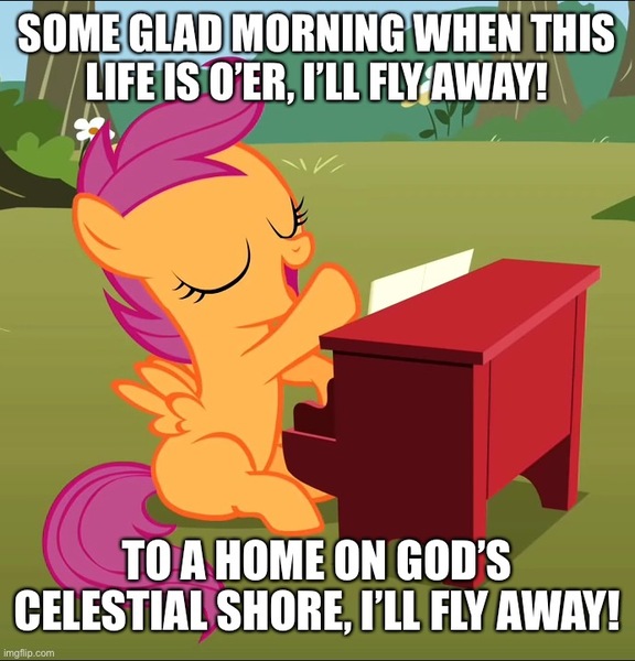 Size: 693x722 | Tagged: safe, derpibooru import, edit, edited screencap, screencap, scootaloo, caption, christianity, i'll fly away, image, image macro, jpeg, musical instrument, piano, singing, song reference, text