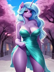 Size: 2304x3072 | Tagged: suggestive, ai content, derpibooru import, idw, machine learning generated, stable diffusion, radiant hope, anthro, pony, unicorn, g4, beautiful, beautisexy, big breasts, breasts, busty radiant hope, cameltoe, city, clothes, dress, dress lift, female, flower, flower in hair, generator:pony diffusion v5, green panties, high res, horn, image, jpeg, looking at you, mare, prompter:frostru, sexy, smiling, solo, solo female, stupid sexy radiant hope, tree, wrong eye color