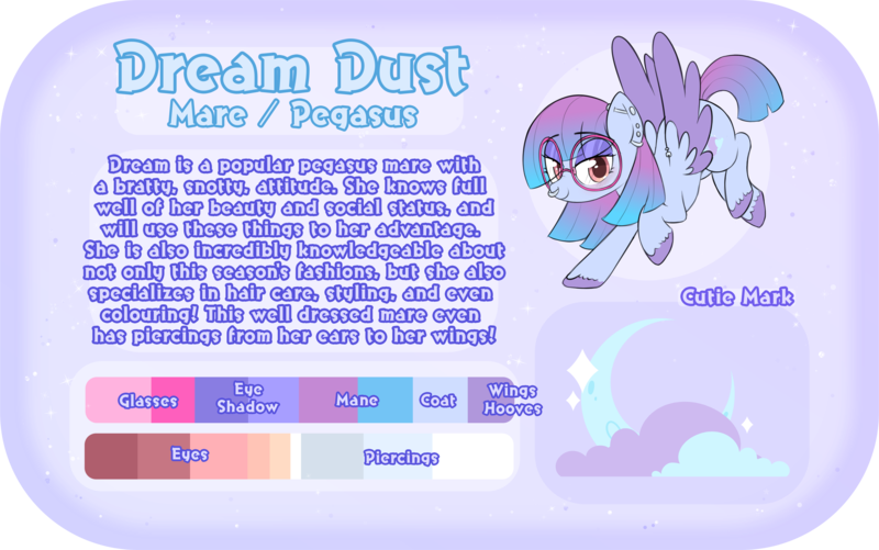 Size: 4324x2706 | Tagged: questionable, artist:nomipolitan, derpibooru import, oc, oc:dream dust, pegasus, colored wings, glasses, gradient mane, image, pegasus oc, piercing, png, reference sheet, two toned wings, unshorn fetlocks, wings