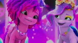 Size: 2388x1331 | Tagged: safe, derpibooru import, screencap, pipp petals, g5, my little pony: make your mark, spoiler:g5, spoiler:my little pony: make your mark, spoiler:my little pony: make your mark chapter 4, spoiler:mymc04e01, bridlewoodstock, dyed mane, eyeliner, floral head wreath, flower, flower in hair, glitter, glow, image, jewelry, jpeg, makeup, my little pony: make your mark chapter 4, necklace, ruby jubilee