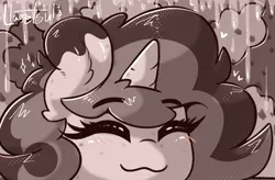 Size: 1063x697 | Tagged: safe, artist:llametsul, derpibooru import, oc, oc:creme cookie, unofficial characters only, pony, unicorn, atg 2023, blushing, eyes closed, female, image, mare, monochrome, newbie artist training grounds, png, smiling, solo