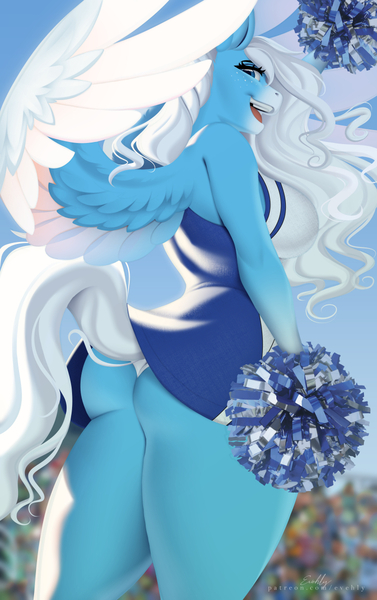 Size: 753x1200 | Tagged: suggestive, artist:evehly, derpibooru import, oc, oc:icy heart, unofficial characters only, anthro, pegasus, ass, big breasts, breasts, butt, cheerleader, clothes, colored wings, female, image, jpeg, panties, pom pom, skirt, solo, two toned wings, underwear, upskirt, wings