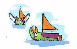 Size: 1236x794 | Tagged: safe, artist:zutcha, derpibooru import, thorax, changedling, changeling, boat, boatified, image, inanimate tf, jpeg, king thorax, male, open mouth, open smile, sail, simple background, smiling, solo, spread wings, transformation, white background, wings