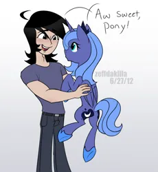 Size: 2300x2500 | Tagged: safe, artist:zeffdakilla, derpibooru import, princess luna, alicorn, human, pony, female, gradient background, happy, holding, holding a pony, image, lance (sym-bionic titan), lance lunis, looking at each other, looking at someone, male, png, s1 luna, smiling, standing, sym-bionic titan
