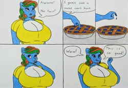 Size: 3865x2675 | Tagged: suggestive, artist:thaliaglacyswells, derpibooru import, blueberry pie, oc, oc:thalia blu, anthro, hybrid, original species, shark, shark pony, blueberry inflation, breasts, cleavage, comic, food, image, inflation, jpeg, pie, sequence, solo, traditional art
