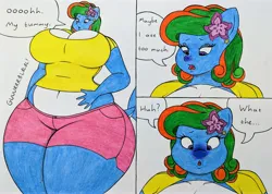 Size: 3860x2747 | Tagged: suggestive, artist:thaliaglacyswells, derpibooru import, oc, oc:thalia blu, anthro, hybrid, original species, shark, shark pony, blueberry inflation, breasts, cleavage, comic, image, inflation, jpeg, midriff, sequence, solo, stomach noise, thighs, traditional art