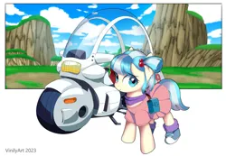 Size: 3336x2308 | Tagged: safe, artist:vinilyart, derpibooru import, coco pommel, earth pony, pony, alternate hairstyle, bulma, clothes, cosplay, costume, dragon ball, dress, female, high res, image, looking at you, mare, motorcycle, png, shoes, smiling, smiling at you, sneakers, solo