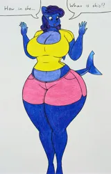 Size: 2445x3814 | Tagged: suggestive, artist:thaliaglacyswells, derpibooru import, oc, oc:thalia blu, anthro, hybrid, original species, shark, shark pony, blueberry inflation, breasts, cleavage, comic, image, inflation, jpeg, sequence, solo, thighs, traditional art