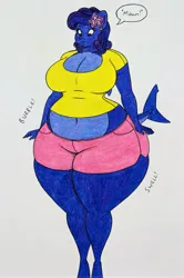 Size: 2558x3857 | Tagged: suggestive, artist:thaliaglacyswells, derpibooru import, oc, oc:thalia blu, anthro, hybrid, original species, shark, shark pony, belly, blueberry inflation, breasts, cleavage, comic, image, inflation, jpeg, sequence, solo, thighs, traditional art