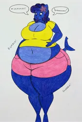 Size: 2567x3821 | Tagged: suggestive, artist:thaliaglacyswells, derpibooru import, oc, oc:thalia blu, anthro, hybrid, original species, shark, shark pony, belly, blueberry inflation, breasts, cleavage, comic, image, inflation, jpeg, sequence, thighs, traditional art