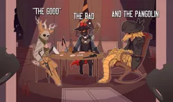 Size: 3800x2250 | Tagged: safe, artist:chapaevv, derpibooru import, oc, oc:phasmatodea, unofficial characters only, changeling, deer, pangolin, alcohol, axe, card, changeling oc, commission, crossover, feral, gun, handgun, hunt showdown, image, looking at you, offscreen character, orange changeling, pistol, png, pov, sitting, standing, text, weapon