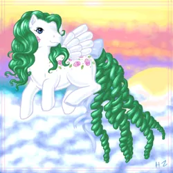 Size: 600x600 | Tagged: safe, artist:hollowzero, derpibooru import, oc, oc:juliette, unofficial characters only, pegasus, pony, g1, bow, cloud, cloudy, curly tail, female, flying, image, mare, outdoors, png, signature, smiling, solo, spread wings, sun, tail, tail bow, wings