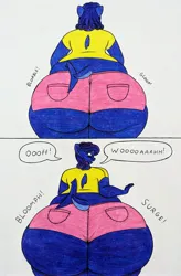 Size: 2539x3861 | Tagged: suggestive, artist:thaliaglacyswells, derpibooru import, oc, oc:thalia blu, anthro, hybrid, original species, shark, shark pony, blueberry inflation, butt, comic, image, inflation, jpeg, sequence, solo, traditional art