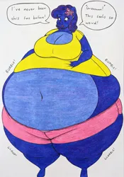 Size: 2693x3845 | Tagged: suggestive, artist:thaliaglacyswells, derpibooru import, oc, oc:thalia blu, anthro, hybrid, original species, shark, shark pony, belly, blueberry inflation, breasts, cleavage, comic, image, inflation, jpeg, sequence, solo, traditional art