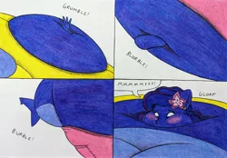 Size: 3841x2680 | Tagged: suggestive, artist:thaliaglacyswells, derpibooru import, oc, oc:thalia blu, anthro, hybrid, original species, shark, shark pony, blueberry inflation, comic, image, inflation, jpeg, sequence, solo, traditional art