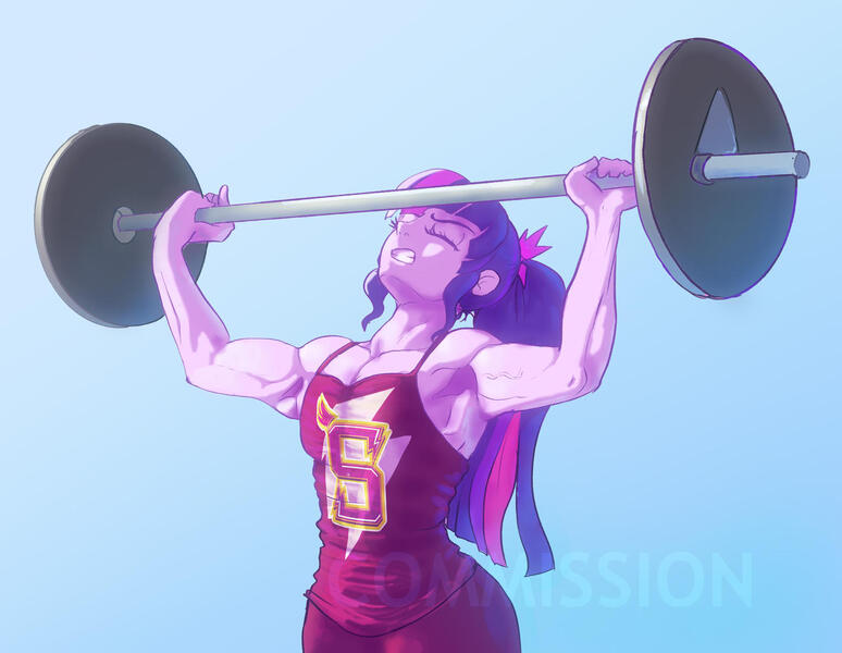 Size: 1280x992 | Tagged: safe, artist:raikoh, derpibooru import, sci-twi, twilight sparkle, equestria girls, blue background, bodybuilder, breasts, buff breasts, commission, eyes closed, female, fetish, gritted teeth, image, jpeg, muscles, muscular female, sci-twi muscle, simple background, teeth, twilight muscle, watermark, weight lifting, weights