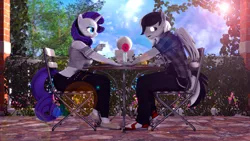 Size: 3840x2160 | Tagged: safe, artist:shadowuwu, derpibooru import, rarity, oc, oc:sound shock, alien, alien pony, anthro, pegasus, plantigrade anthro, pony, unicorn, anthro oc, black sclera, breakfast, canon x oc, clothes, commission, cup, denim, drink, female, flower, food, holding hands, image, jeans, lens flare, looking at each other, looking at someone, male, mare, morning, muffin, outdoors, pants, png, rarishock, romantic, shirt, shoes, sneakers, stallion, straight, t-shirt, tea, teacup, tree, vase, vine, ych result