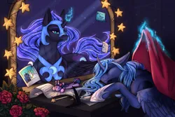 Size: 2351x1567 | Tagged: safe, artist:artmael sverr, derpibooru import, nightmare moon, princess celestia, princess luna, twilight sparkle, alicorn, pony, curved horn, female, flower, horn, image, magic, mare, mirror, paper, picture, plushie, png, pony plushie, rose, s1 luna, sleeping, telekinesis