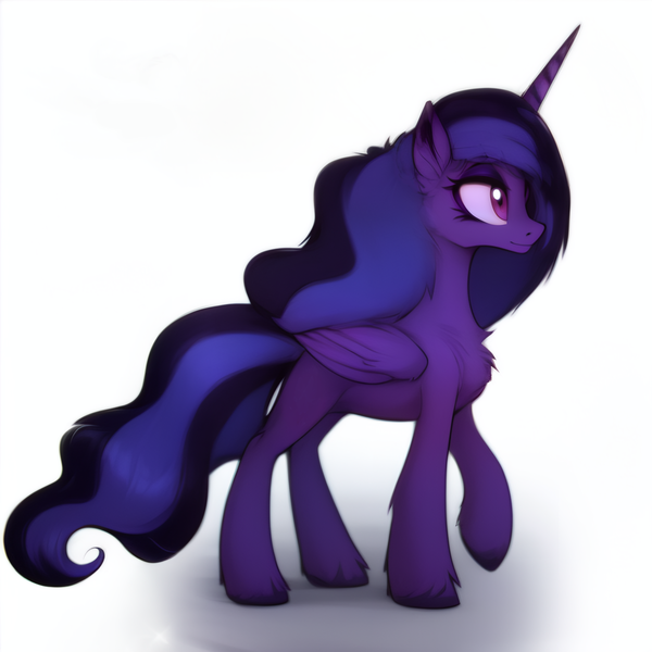 Size: 1344x1344 | Tagged: safe, derpibooru import, machine learning generated, stable diffusion, oc, unofficial characters only, alicorn, pony, fallout equestria, fanfic, ai content, artificial alicorn, fanfic art, female, image, png, purple alicorn (fo:e), purple eyes, raised hoof, simple background, solo