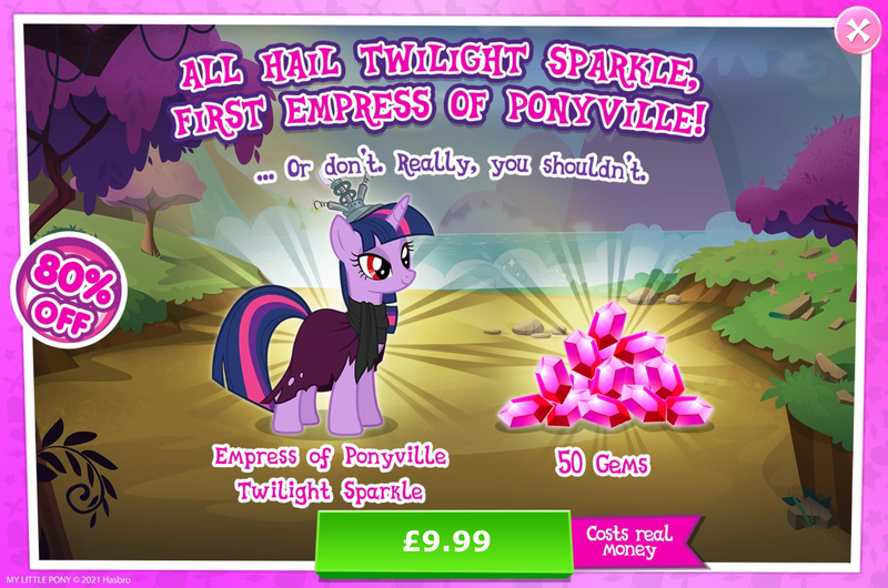 Size: 1956x1295 | Tagged: safe, derpibooru import, idw, official, twilight sparkle, pony, unicorn, advertisement, clothes, costs real money, english, female, gameloft, gem, horn, idw showified, image, jpeg, mare, mobile game, my little pony: magic princess, numbers, sale, scarf, solo, text, tyrant sparkle