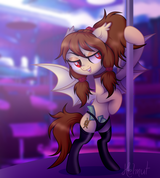 Size: 3600x4000 | Tagged: suggestive, artist:helmut, derpibooru import, oc, oc:noctalia, unofficial characters only, bat pony, bat pony oc, bat wings, clothes, collar, fangs, female, image, money, nightclub, panties, png, pole dancing, socks, solo, solo female, spread wings, stripper pole, underwear, wings