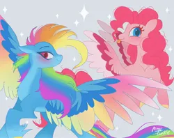 Size: 2048x1620 | Tagged: safe, artist:petaltwinkle, derpibooru import, pinkie pie, rainbow dash, pegasus, pony, duo, floppy ears, g5 concept leaks, gray background, image, jpeg, pegasus pinkie pie, pinkie pie (g5 concept leak), race swap, rainbow dash (g5 concept leak), simple background, smiling, sparkles, tongue out, turned head