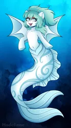 Size: 3000x5400 | Tagged: safe, alternate version, artist:madelinne, derpibooru import, oc, oc:spicy mint, unofficial characters only, bat pony, hybrid, merpony, sea pony, seapony (g4), absurd resolution, bat wings, blue background, crepuscular rays, cute, digital art, dorsal fin, fin, fish tail, flowing mane, flowing tail, image, looking at you, ocean, open mouth, open smile, png, simple background, smiling, smiling at you, solo, spread wings, sunlight, swimming, tail, underwater, water, wings
