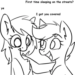 Size: 1920x1924 | Tagged: safe, artist:anonymous, scootaloo, oc, oc:anonfilly, /mlp/, 4chan, black and white, dialogue, female, grayscale, grin, homeless, image, looking at each other, monochrome, png, sad, simple background, smiling, white background