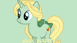 Size: 1920x1080 | Tagged: safe, artist:starryshineviolet, derpibooru import, edit, editor:jaredking779, dear darling, pony, unicorn, background pony, bow, female, green background, hair bow, image, jpeg, mare, simple background, smiling, solo, tail, tail bow