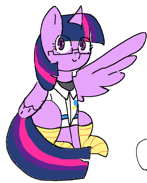 Size: 639x798 | Tagged: safe, anonymous artist, derpibooru import, twilight sparkle, twilight sparkle (alicorn), alicorn, pony, aggie.io, berdly, c:, clothes, cosplay, costume, crossover, deltarune, glasses, image, looking at you, no source available, png, simple background, sitting, smiling, socks, solo, stylistic suck, white background