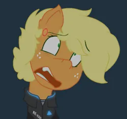 Size: 687x642 | Tagged: safe, derpibooru import, applejack, android, earth pony, pony, robot, robot pony, ajconnor, alternate hairstyle, alternate universe, clothes, crossover, detroit: become human, eyelashes, female, freckles, glow, glowing eyes, green eyes, image, looking up, open mouth, png, solo, worried