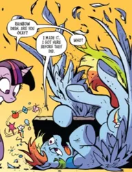 Size: 317x413 | Tagged: safe, artist:andypriceart, derpibooru import, idw, rainbow dash, twilight sparkle, crash landing, feathered wings, image, large wings, messy mane, png, wings