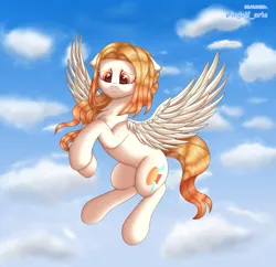 Size: 2795x2700 | Tagged: safe, artist:ingolf arts, derpibooru import, oc, oc:face sunlight, unofficial characters only, pegasus, pony, chest fluff, cloud, ear fluff, eye reflection, female, flying, high res, image, looking at you, looking down, mare, png, reflection, sad, sky, solo, spread wings, wings