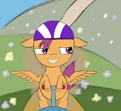 Size: 1800x1650 | Tagged: safe, artist:stormy hooves, derpibooru import, scootaloo, pegasus, pony, derpibooru exclusive, dust trails, female, filly, floppy ears, flower, foal, grin, happy, helmet, hill, image, looking sideways, png, scooter, smiling, solo, spread wings, wings