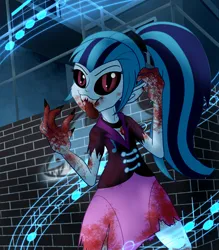 Size: 2100x2400 | Tagged: grimdark, artist:sixes&sevens, derpibooru import, sonata dusk, werewolf, fanfic:the sunset archives, equestria girls, blood, brick wall, claws, clothes, fanfic art, fangs, female, graffiti, image, music notes, night, png, red eyes, solo, tongue out, torn clothes