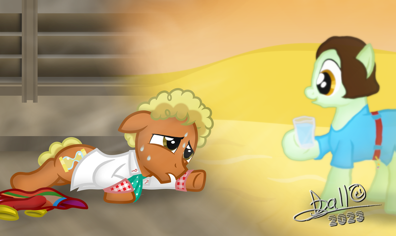 Size: 3202x1904 | Tagged: safe, artist:tidmouthmilk12, derpibooru import, doctor whooves, time turner, earth pony, pony, belt, clothes, glass of water, hallucination, image, jacket, necktie, peri brown, png, signature, sixth doctor, sweat, sweatdrops, varos, water