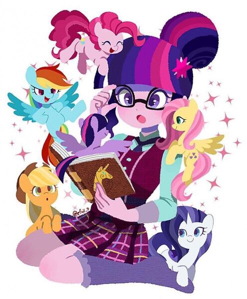 Size: 742x899 | Tagged: safe, artist:efuji_d, derpibooru import, applejack, fluttershy, pinkie pie, rainbow dash, rarity, sci-twi, twilight sparkle, earth pony, human, pegasus, pony, unicorn, equestria girls, book, element of generosity, element of honesty, element of kindness, element of laughter, element of loyalty, element of magic, elements of harmony, female, humanized, image, jpeg, lesbian, mane six, omniship, polyamory, reading, shipping