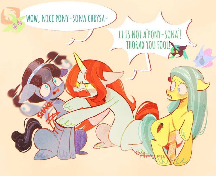 Size: 1024x833 | Tagged: safe, artist:sockiepuppetry, derpibooru import, ocellus, queen chrysalis, thorax, earth pony, pony, unicorn, angry, beige background, dialogue, image, jpeg, open mouth, shaking, simple background, speech bubble, trio