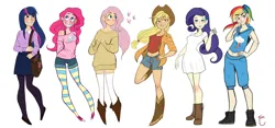 Size: 2300x1080 | Tagged: safe, artist:milyrage, derpibooru import, applejack, fluttershy, pinkie pie, rainbow dash, rarity, twilight sparkle, human, 2014, clothes, humanized, image, light skin, mane six, old art, png, simple background, socks, striped socks, white background