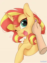 Size: 3072x4096 | Tagged: safe, artist:twiliset, derpibooru import, sunset shimmer, human, pony, unicorn, cute, equestria girls 10th anniversary, hand, image, jpeg, looking at you, open mouth, simple background, solo, touch