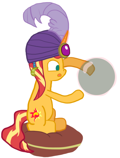 Size: 789x1035 | Tagged: safe, artist:wissle, derpibooru import, sunset shimmer, pony, unicorn, atg 2023, clothes, crystall ball, female, floating, fortune teller, image, madame pinkie, magic, magic aura, mare, mystical orb of fate's destiny, newbie artist training grounds, open mouth, png, simple background, solo, telekinesis, transparent background, turban