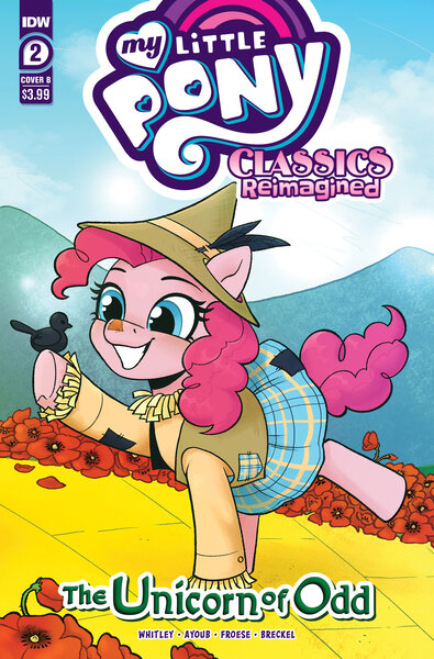 Size: 2063x3131 | Tagged: safe, artist:robin easter, derpibooru import, idw, official, pinkie pie, bird, crow, earth pony, pony, spoiler:comic, blackbird, comic cover, feather, g4, high res, image, jpeg, munchkin country, my little pony classics reimagined: the unicorn of odd, my little pony logo, official comic, oz, poppy, scarecrow, the scarecrow, the scarecrow (oz), the unicorn of odd, the wizard of oz, yellow brick road